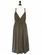 Khaki green silk jersey cocktail dress with deep V décolleté and open back Retail price €1000 Size 38