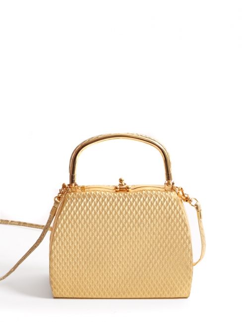 Gold metallic leather handbag with long strap