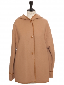 Manteau à capuche en laine camel et cuir marron  Prix boutique 2100€ Taille 34 à 36
