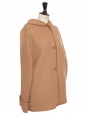 Manteau à capuche en laine camel et cuir marron  Prix boutique 2100€ Taille 34 à 36