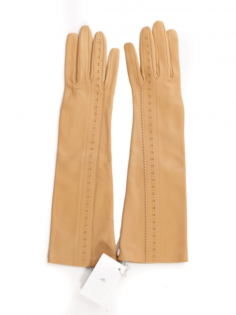Tan beige leather and silk lining long gloves Retail price €850 Size 7