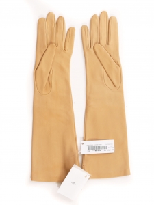 Tan beige leather and silk lining long gloves Retail price €850 Size 7