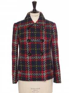 Veste manteau écossaise à boutons en laine bleu marine Prix boutique 2550€ Taille 36