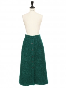 Emerald green mohair wool midi length high waist skirt with crystal buttons Retail price €1200 Size XS